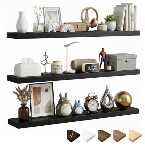 RICHER HOUSE Schwarz Wandregale,80x23,5X 3,8cm Wandboard MDF Holz,3er-Set | Holzregal Wand mit unsichtbaren Halterungen, Schweberegal für Schlafzimmer, Wohnzimmer, Badezimmer, Küche, Waschküche, Büro