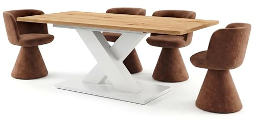 Newroom Esstisch ausziehbar Weiß Wildeiche X-Gestell Esszimmertisch | X-Gestell zweifarbig, Sitzplatz für 6-8 Personen, Speisetisch Tisch, Esszimmermöbel, für Familien und Wohnzimmer