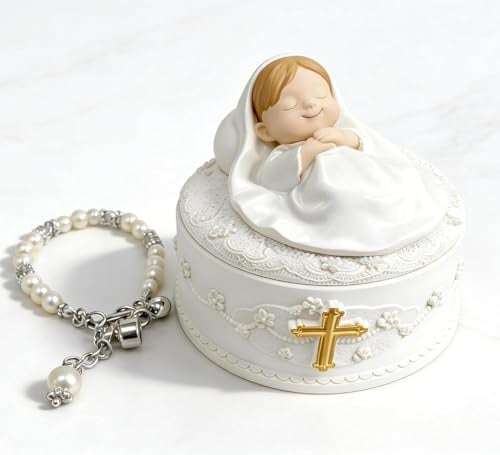 Taufgeschenke für Mädchen oder Jungen– 3-in-1 Taufgeschenk-Set mit Kreuz-Schmuckdose, Babyfigur & Kreuzarmband– Geschenke zur Taufe & Taufedeko, Erinnerungsbox für Taufe von Paten, Großeltern, Familie