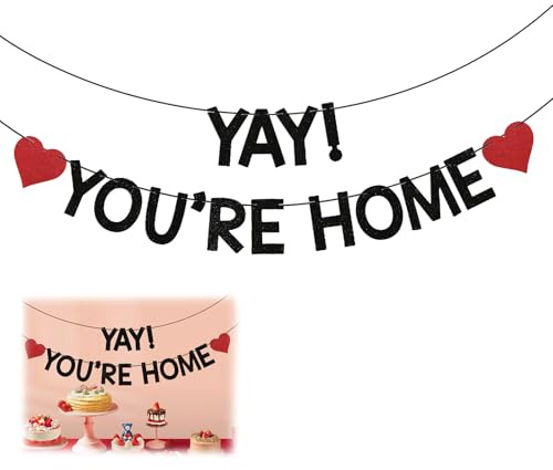 Yay! You're Home Banner, Welcome Home Banner Decorations, Black Welcome Back Sign HomeDecor Homecoming Party Decoration for Military Return Family Reunion & Celebration