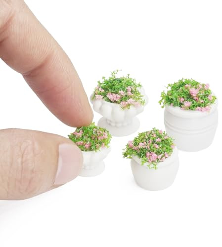 Odoria Dollhouse Flower Pots Miniature: 4Pcs 1/12 Scale Potted Plants Bonsai Artificial Greenery for Tabletop Garden Diorama - Mini Fake Props DIY Model Craft Porch Balcony Outdoor