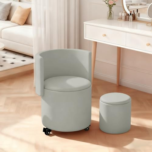 XUEGW Round Vanity Chair with Storage, Rolling PU Leather Swivel Work Makeup Stool Chair with Folding Back, Upholstered Ottomans for Bedroom Living Room