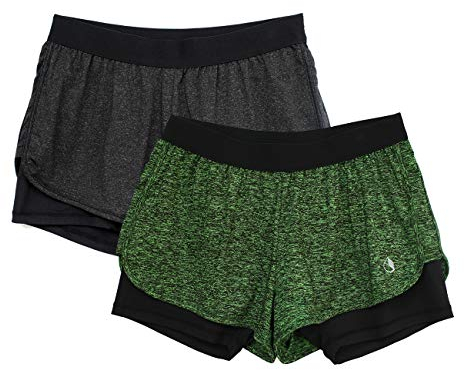 icyzone Damen Laufshorts 2 in 1 Sport Yoga Training Shorts Kurze Sporthose Laufhose, 2er Pack (Black Heather/Green Heather, L)
