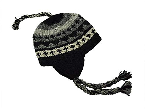 musimon Mütze Inka gestrickt Fleecefutter Naturwolle (schwarz, L)