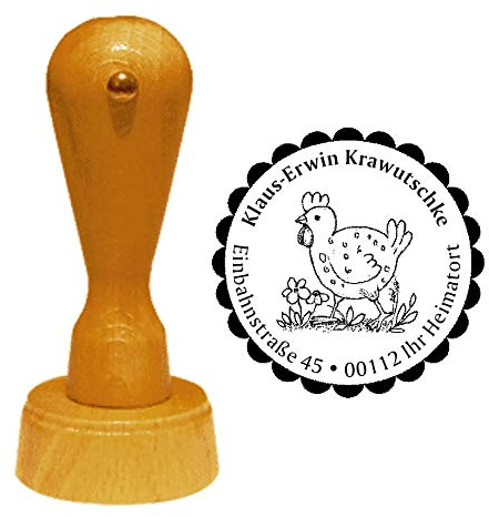 Stempel Adressstempel « HUHN auf der BLUMENWIESE » Durchmesser ca. Ø 40 mm - mit persönlicher Adresse, Motiv und Zierrand - Henne Wiese Vintage
