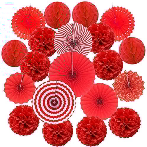 ZERODECO 20 Stück Seidenpapier Pompoms, Papier Fans Fächer und Wabenbälle Dekorpapier Kit für Geburtstag Hochzeit Baby Dusche Parteien Hauptdekorationen - Rot