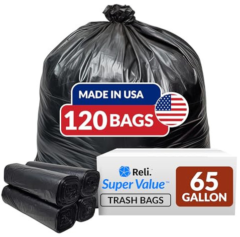 Reli. SuperValue 65 Gallon Trash Bags | 120 Count | Made in USA | Heavy Duty | Bulk | Black Multi-Use Garbage Bags