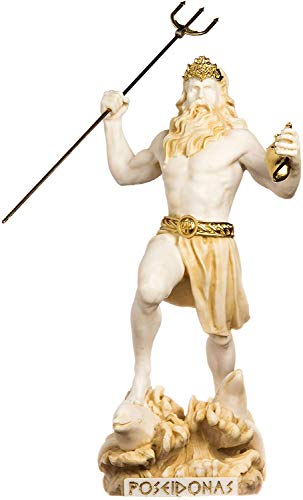 Poseidon griechischer Gott des Meeres mit Dreizack, Statue, Gold Alabaster, 33 cm