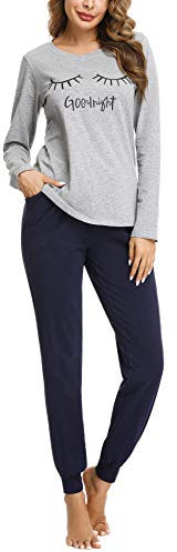 Sykooria Schlafanzug Damen Lang aus Baumwolle Langarm V-Ausschnitt Kontrastkante Design Zweiteilige Pyjama Damen Set Oberteile & Pyjamahosen, A-Grau, M