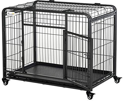 PawHut Kennel Gabbia per Cani Pieghevole a Doppia Porta con Blocco, Box per Cani con 4 Ruote con Freno e Fondo Rimovibile, 109.5x71x78cm, Grigio Scuro