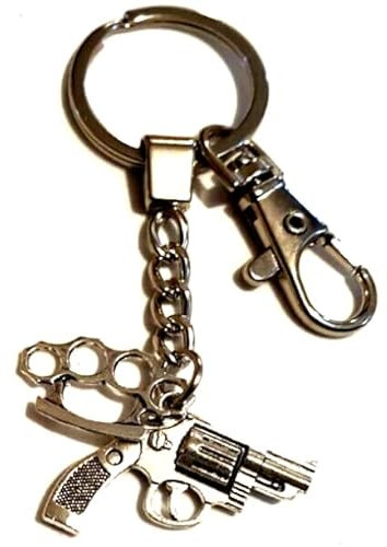 Handgun & Knuckle Duster Keychain, Gun and Knuckleduster Keyring, Weapons Bag Charm, Gangsta' Keychain, Soldier Keyring