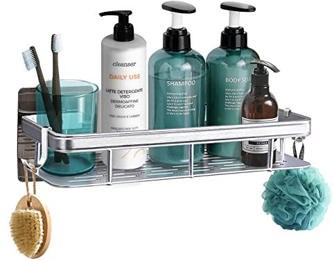 Umiblu Mensola Doccia Senza Foratura - Portasapone per Doccia con 2 Ganci - Porta oggetti Antiruggine per Bagno, Cucina