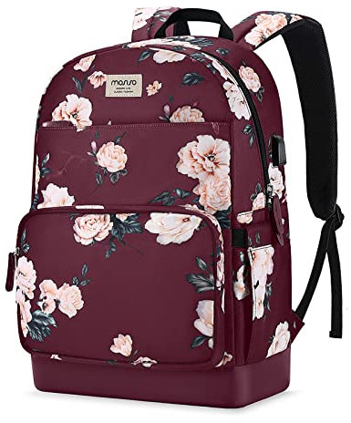 MOSISO 15.6-16 inch Laptop Backpack for Women, Polyester Anti-Theft Stylish Casual Daypack Bag with Luggage Strap & USB Charging Port, Camellia Travel Backpack, Red