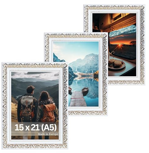 VictoR vintage Bilderrahmen „Rubens“ 3er Set in 15x21 cm (A5) weiß gold | Leiste: 30x20mm - Echtglas - Fotorahmen barock - antik - Bilderrahmen 15x21 weiß - Fotorahmen A5 vintage