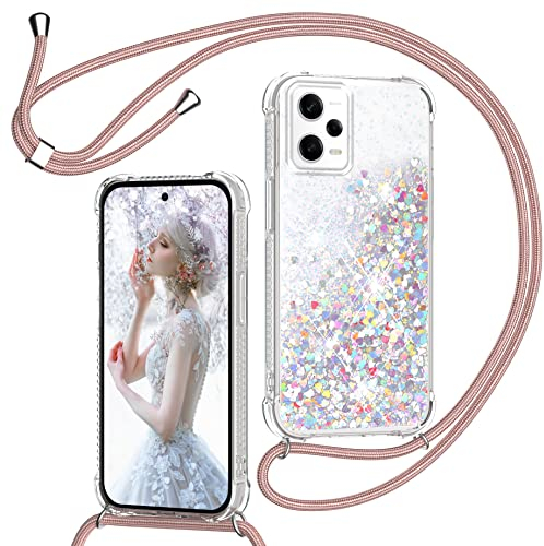 Funda para Xiaomi Redmi Note 12 Pro 5G/Poco X5 Pro con Cuerda, Carcasa Brillante Transparente Silicona Protección Case con Colgante Correa de Cuello Arena movediza Caso con Cadena Cordón, Oro Rosa