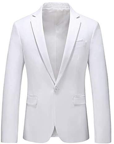 Men Blazer Jacket Solid Color Business Slim Fit Men Suit Jacket Lapel Gentleman Urban Men Casual Jacket Fashion Banquet Pocket Decoration Men Long Sleeve Jacket D-White XL