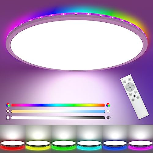 Peasur 25CM LED Ceiling Light 3000-6000K, 24W 3200LM Bathroom Light Dimmable with Remote Control, RGB Color Changing Backlight,Round Flush Ceiling Light for Bedroom Kids Room Kitchen Game Room Hallway