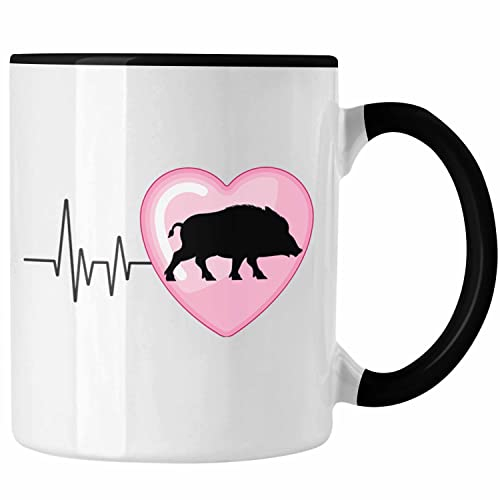 Trendation - Wilschwein Herzschlag Tasse Geschenk für Jäger Jagd Hobby Geschenkidee (Schwarz)