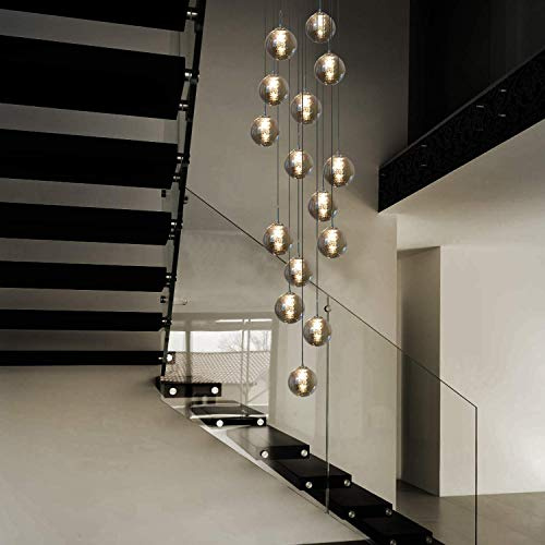 CBJKTX Suspension table de salle à manger Suspension réglable en hauteur | Lustre à 15 flammes en verre Cuisine Salon Lampe de chambre Lampe de couloir (gris fumée)