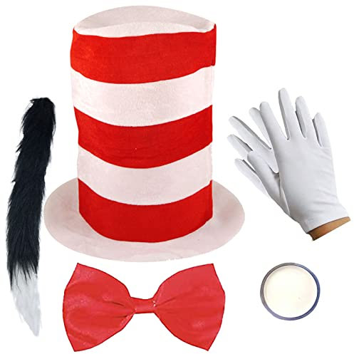 Adults Cat in the Hat Kit Red White Tall Hat Bow Tie Gloves Tail Face Paint World Book Day Week Crazy Cat Full 5 pc Set