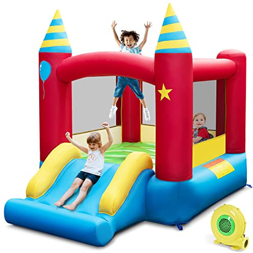 GOPLUS Aufblasbare Hüpfburg mit Gebläse, 2-in-1-Spielburg für Kinder mit Sprungbereich, Rutsche, Tragetasche, Reparaturset, Heringen, Spielparadies für Rasen Hof Park Garten (Rot, Mit Gebläse)