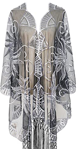 keland Damen Festlich Spitze Stola Bolero Schal Tuch Schultertuch Umhang Cape Pashminas Schaltuch (B-Silber & Schwarz)