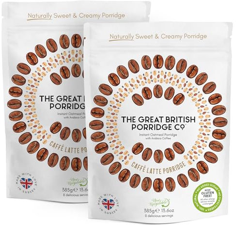 Caffe Latte Gluten-Free Instant Oatmeal Porridge from The Great British Porridge Co - Naturally Sweet & Creamy Porridge Oats - 2 x 385g Pouch - 100% Natural, Plant Based, High Fibre