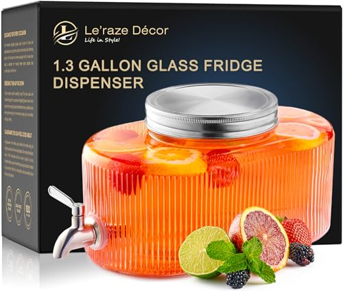Glass Punch Bowl - 100% Leakproof Stainless Steel Spigot - Drink Dispenser for Fridge, Liquid Laundry Detergent Dispenser, Beverage Dispenser for Parties, Water Dispenser Countertop, 5L Jug (gl921)