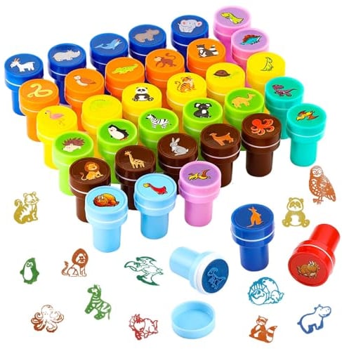 Litimkat 36 Stück Stempel Kinder, Mehrfarbige Tiere Stempelset,Selbstfärbende Stempel Set,für Geburtstag, Gastgeschenke, Geschenktütenfüller, Klassenzimmer-Preise