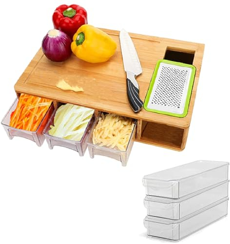 MantraRaj Tabla de cortar de bambú con contenedores, 3 bandejas de cajones de almacenamiento con tapas y rallador, tabla de cortar, organizador de tabla de cortar para ensalada, frutas, verduras,