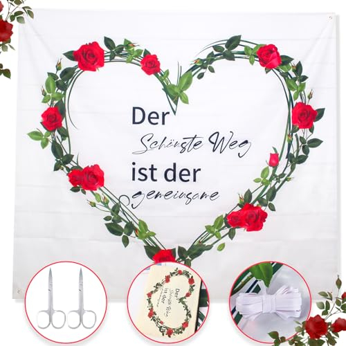 Hochzeitsherz zum Ausschneiden,Herz zum Ausschneiden Hochzeit,Hochzeitsspiele,Bettlaken Hochzeit Ausschneiden inkl. 2 Scheren und wiederverwendbarem Zip Beutel aus Segeltuch, Seidenband
