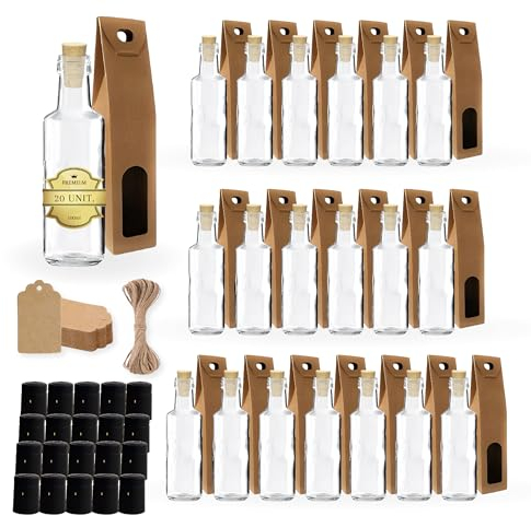 20 Petites Bouteilles en Verre 100ml avec Bouchon en Liège + 20 Boîtes + 20 Sceaux + 20 Étiquettes Kraft + Ficelle | Liqueur, Whiskey, Rhum, Vin | Fiole Potion Magique | Échantillons et Souvenirs