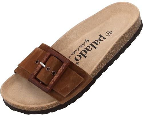 Palado Pantoletten Damen Malta Wood by Sila Sahin - bequeme Sandalen Made in Spain - Hausschuhe mit Kork-Fußbett - modische Sommerschuhe Dunkelbraun UK4,5 - EU37