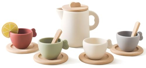 Service à Thé Jouet en Silicone et Bois, Dînette pour Enfants, Accessoires de Cuisine, Jeux de Rôle, Anniversaire Cadeau pour Enfant Filles Garçons 3 4 5 Ans