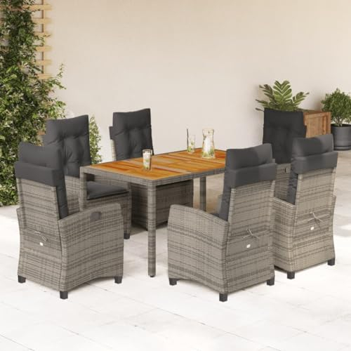 Gecheer 7-TLG. Garten Essgruppe 6 Personen, Sitzgruppe Garten, Terrassenmöbel Set, Tisch & Stuhl Set, Gartenmöbel Set, Gartengarnitur für Garten Terrasse, Poly Rattan Grau