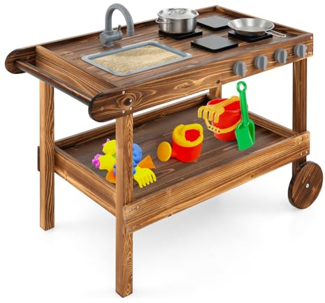 DREAMADE Matschküche Kinder Outdoor mit Rollen & Waschbecken, Kinder Küche Gartenküche aus Tannenholz, Garten Kinderküche, Spielküche mit Zubehör für Kinder ab 3 Jahren