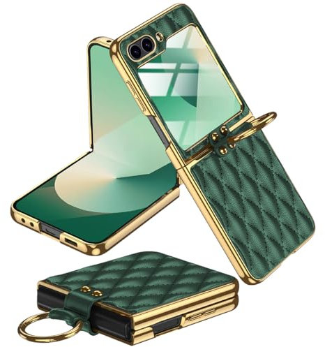 Miimall for Samsung Galaxy Z Flip 6/Z Flip 7 FE Case, [Built-in Screen Protector] [Ring Holder] Flip6 Leather Case with Ring, Shockproof Anti-Skid Full Coverage Cover for Women-Dark Green