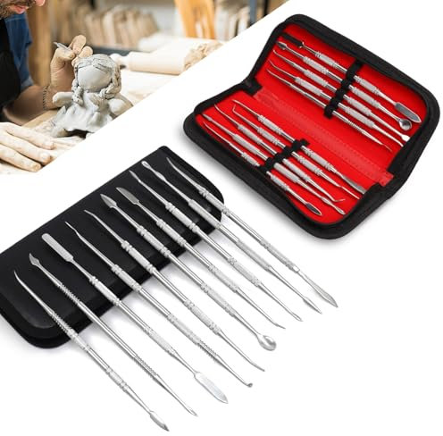Fomiata 10 Stück Doppelendiges Wachs Ton Skulptur Schnitz,Edelstahl Ton Wachs Schnitzwerkzeug,Wachsschnitzer Werkzeuge,Pottery Tools für Sculpting, Keramik Schnitzen mit Aufbewahrungst (Silber)