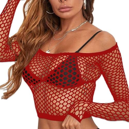 Buitifo Women Sexy Lingerie Fishnet Top Exotic Beach Cover Up(red wgtop,M)