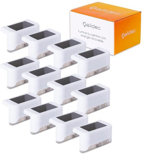 Galidec Mini Luces solares para exterior, 12 uds, color Blanco, luz de escalera, impermeable, carga solar LED, escaleras exteriores, escalones, patio, vallas, galileds. Luz Templada (Blanco, 12 uds)