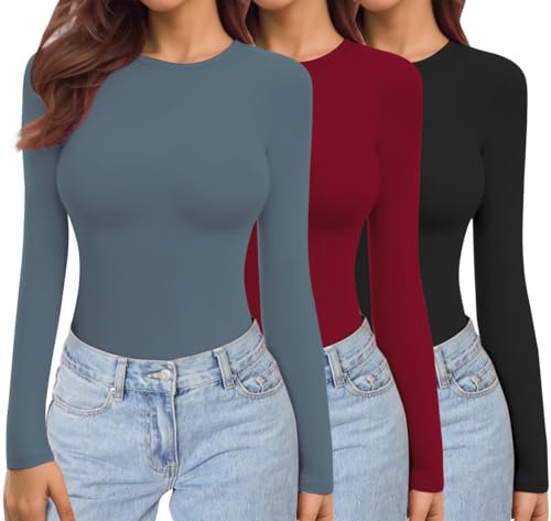 Ekouaer Womens 3 Pack Long Sleeve Tops Crew Neck Shirts Thermal Tops Set Stretch Fitted Underscrubs Layer Tee Black + Red + Navy Blue XS