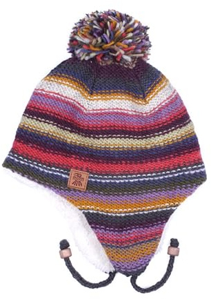Pachamama kvinnor ullmössa mössa tofsmössa öronklaffar pom-pom fleece fodrad handstickad samtida rand flerfärgad en storlek handgjord extra varm Fair Trade, Flerfärgad, one size