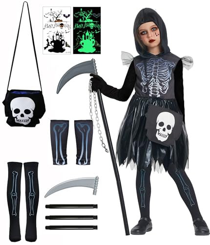 IKALI Costume de faucheuse pour fille - Costume d'Halloween de la mort - Avec autocollants, sacs, chaussettes, protège-bras, faucilles 8-10 ans