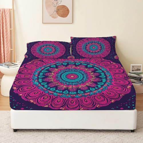Spannbettlaken Runder Mandala-Musterdruck Bettlaken Matratzenschoner Lila Matratzenauflage Atmungsaktiv Praktisch Langlebig Matratzenschutz Hygienische Rundumbezug 140 x 200 cm