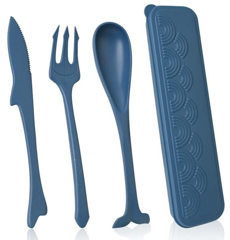 Travel Cutlery Set with Case, Portable Camping Cutlery Set for 1, Cute Ocean Themed Plastic Cutlery Reusable Knife Spoon and Fork Set for Lunch Box School Office Picnic (Blue)
