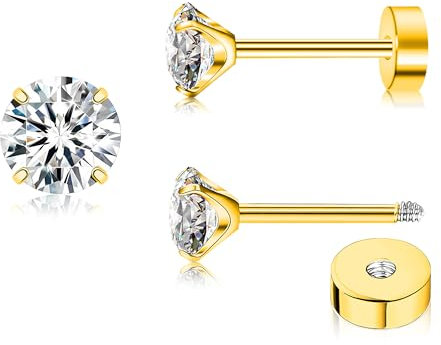 ZDE Titanium Women Flatback Earrings Cubic Zirconia Silver Stud Earrings Flat Back CZ Hypoallergenic Cartilage Flatback Earring Helix Tragus Conch (Gold, 5MM)