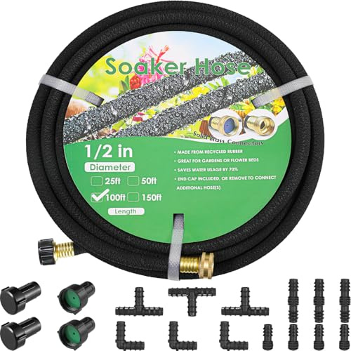 MAMIZO Tropfschlauch-Set, 30,5 m, 1,27 cm, massive Messing-Anschlüsse, Gummi, langlebig, robuster Tropfschlauch, um 70 % Wasser zu sparen, Tropfschlauch für Garten, Rasen und Hof