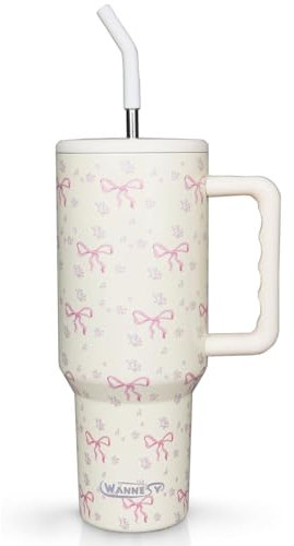 Bow Tumbler, 40oz Bow Cup with Handle and Straw Lid Gifts for Women Girls Birthday Christmas Double Insulated Cup Travel Coffee Mug