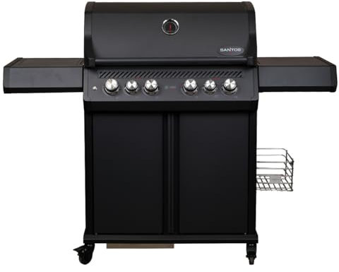 SANTOS S-418 Pro - All Black Edelstahl-Gasgrill - 4 Brenner - Infrarot Seitenbrenner - Heckbrenner - XXL Warmhalterost - Beleuchtung - Top Isolierung