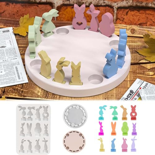 12PCS Silikonformen Gießformen Osterhase TREABEAR, Gipsformen Zum Gießen Hase mit Silikonform Kerzenhalter, Silikonformen Gießformen Kerzenhalter, Silikonform Ostern, Silikonformen Osterhasen mit Herz